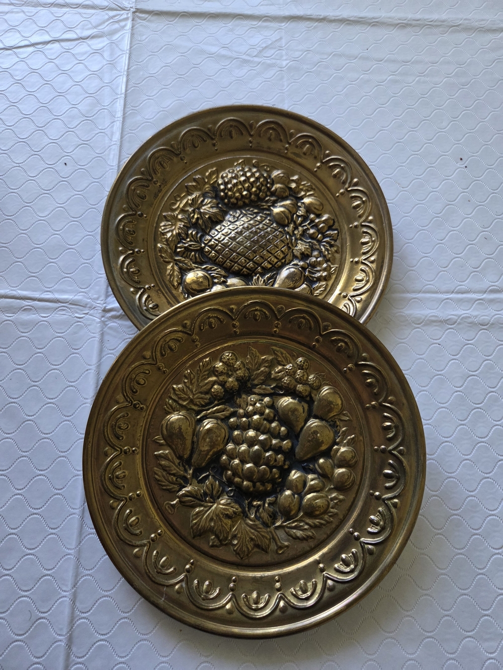 Vintage Brass Embossed Fruit Wall Plates Pair Made in England 10"